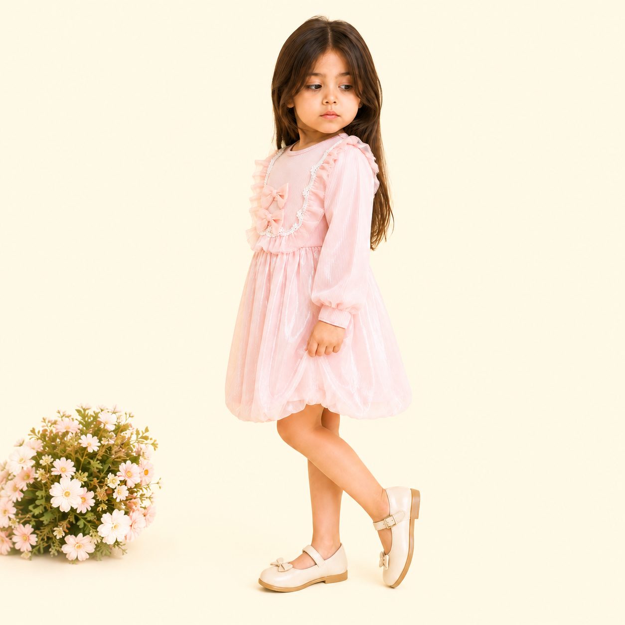 Girls Blush Organza Lace Winter Party Dress