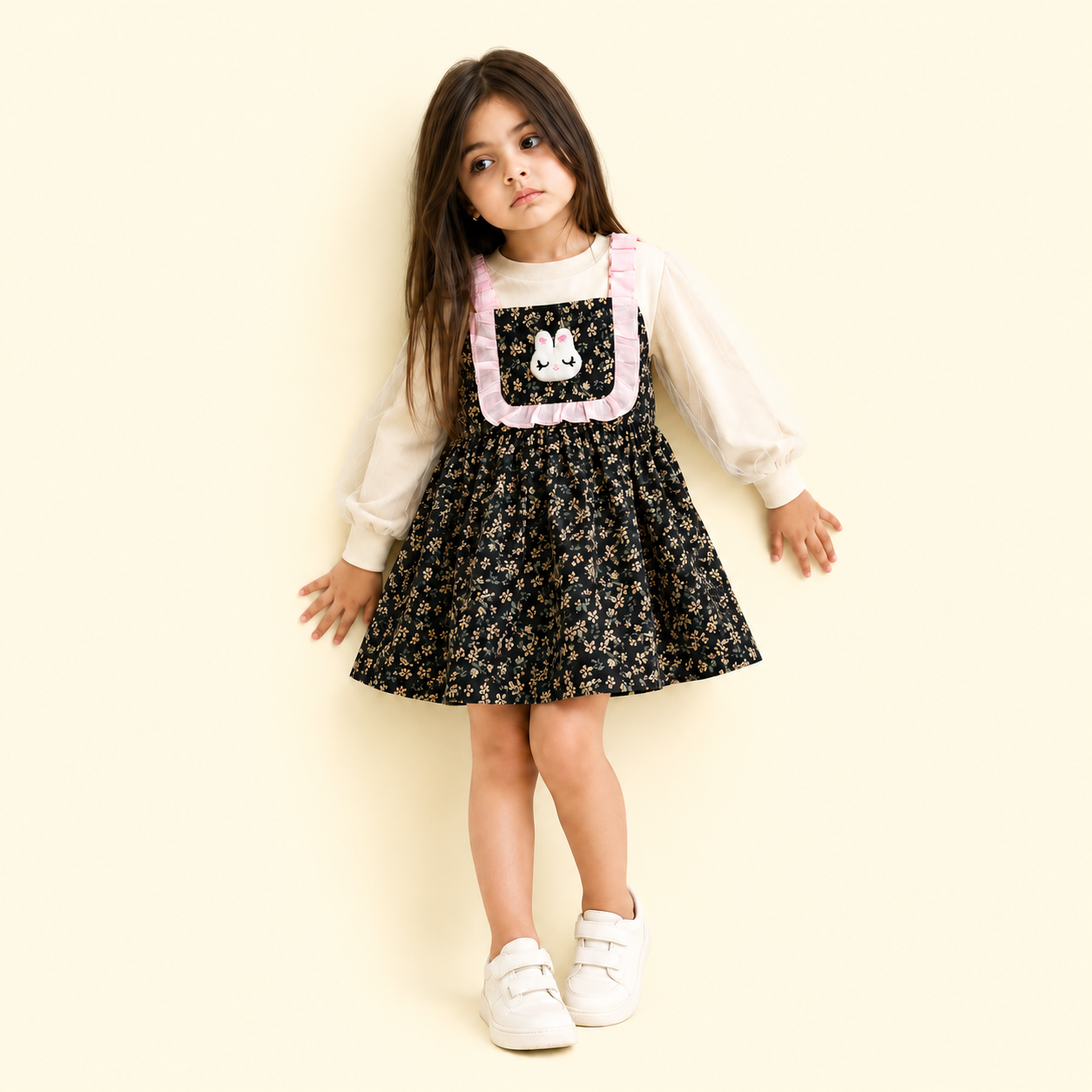 Girls Bunny Floral Winter Pinafore Dress