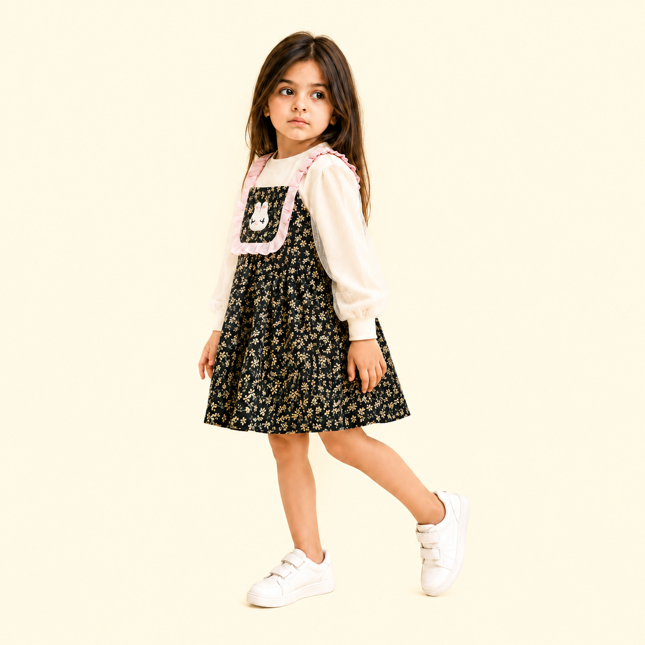 Girls Bunny Floral Winter Pinafore Dress