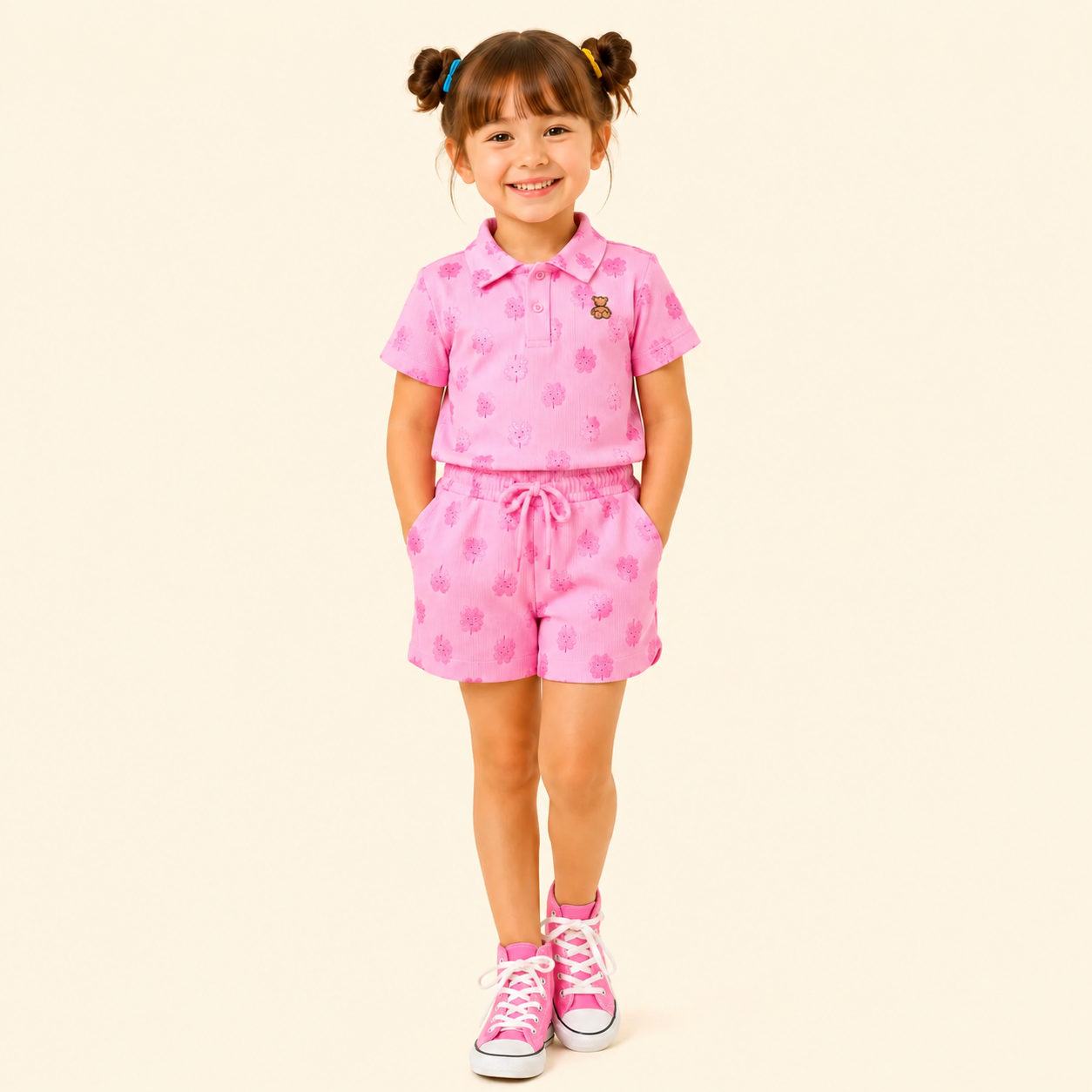 Girls Printed Cotton Co-Ord Set | Polo Collar T-Shirt with Shorts