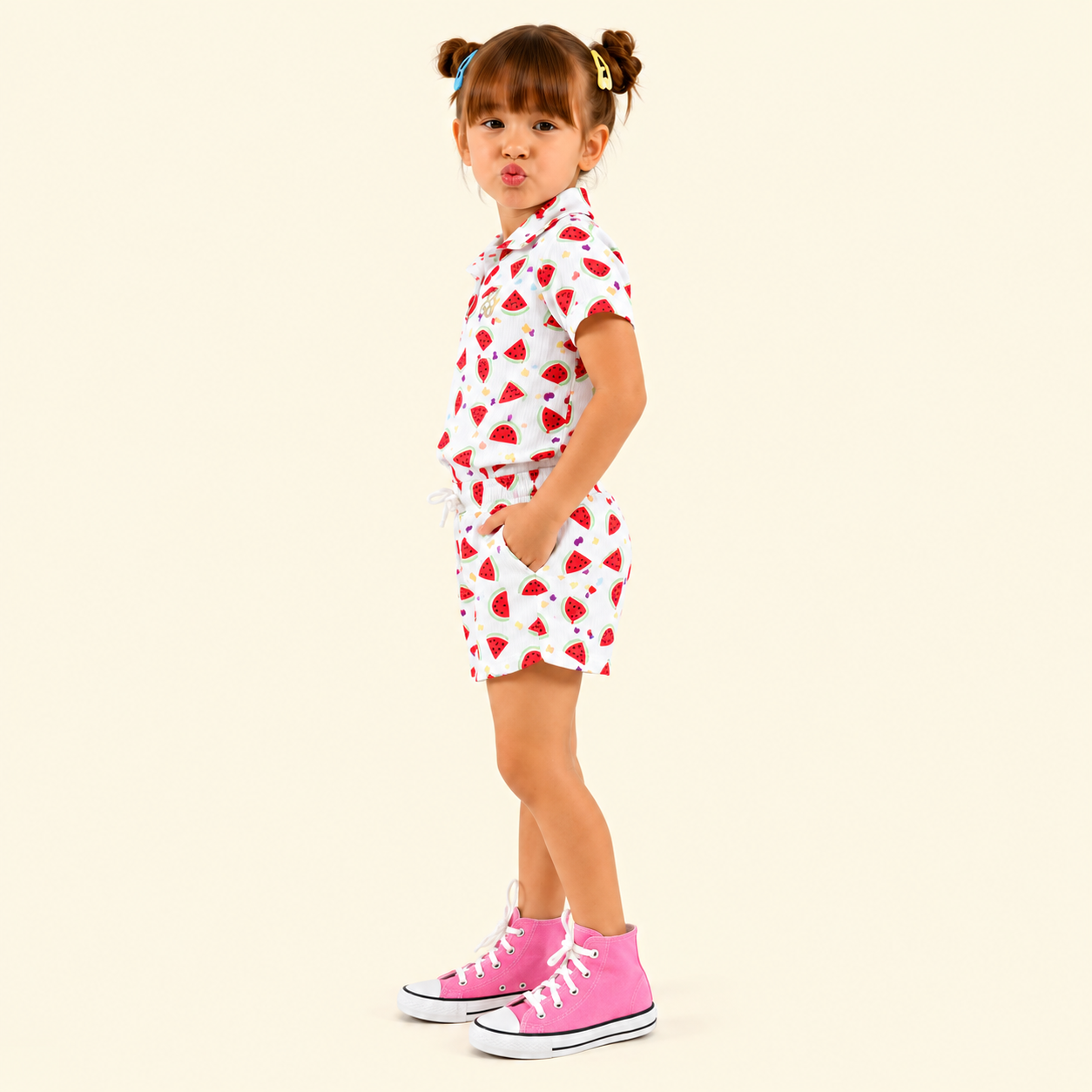 Girls Printed Cotton Co-Ord Set | Polo Collar T-Shirt with Shorts