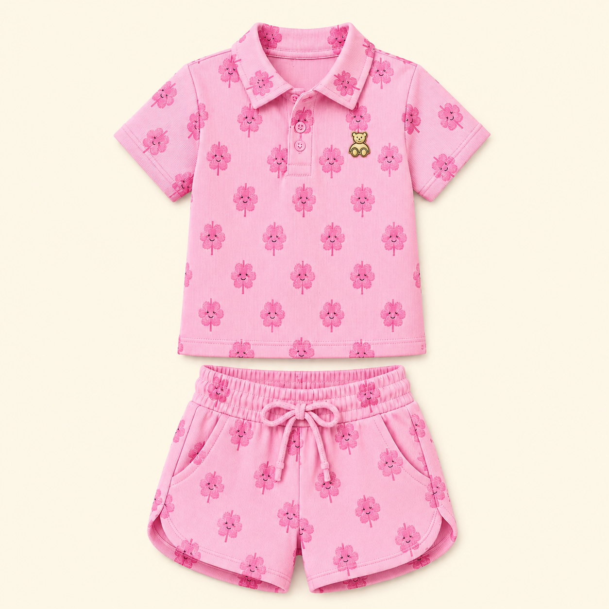 Girls Printed Cotton Co-Ord Set | Polo Collar T-Shirt with Shorts