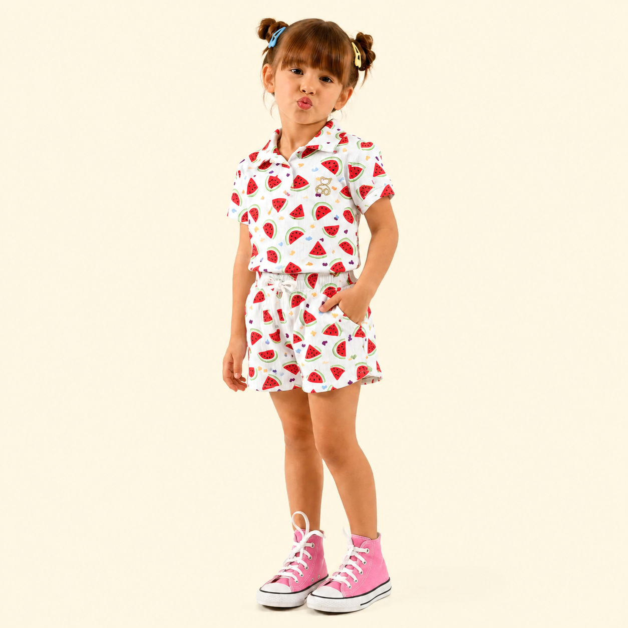 Girls Printed Cotton Co-Ord Set | Polo Collar T-Shirt with Shorts