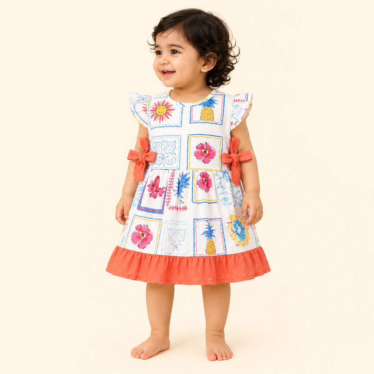 Coral Sunset Printed Cotton Frock for Baby Girls