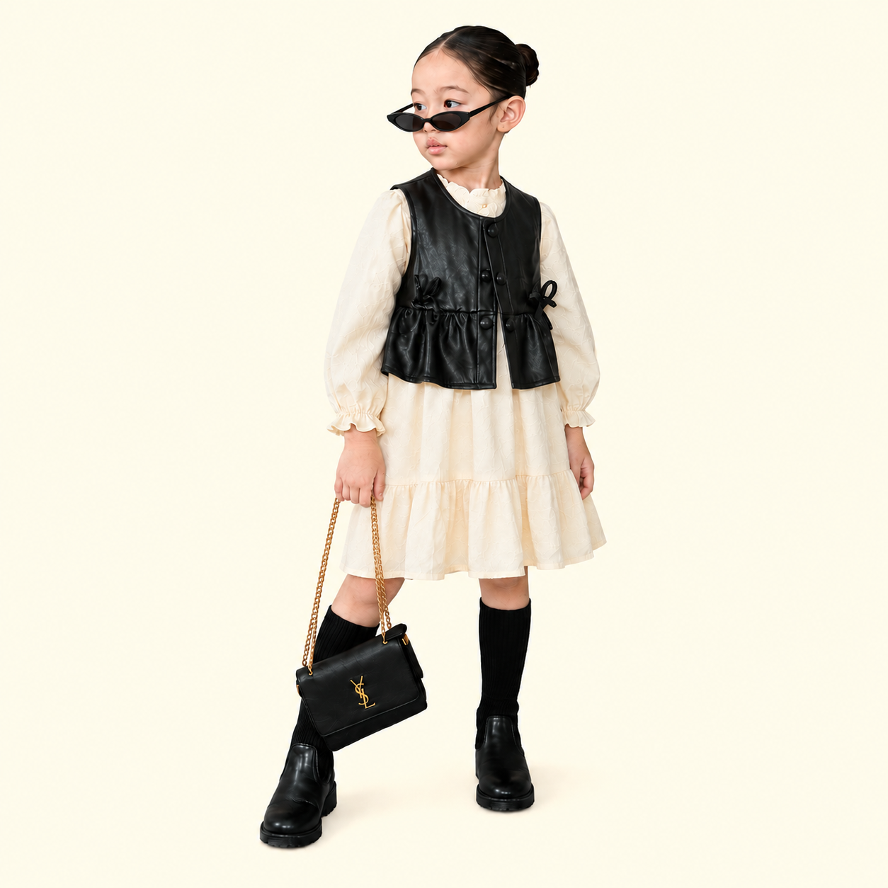 Girls Ivory Tiered Winter Dress with Faux Leather Vest