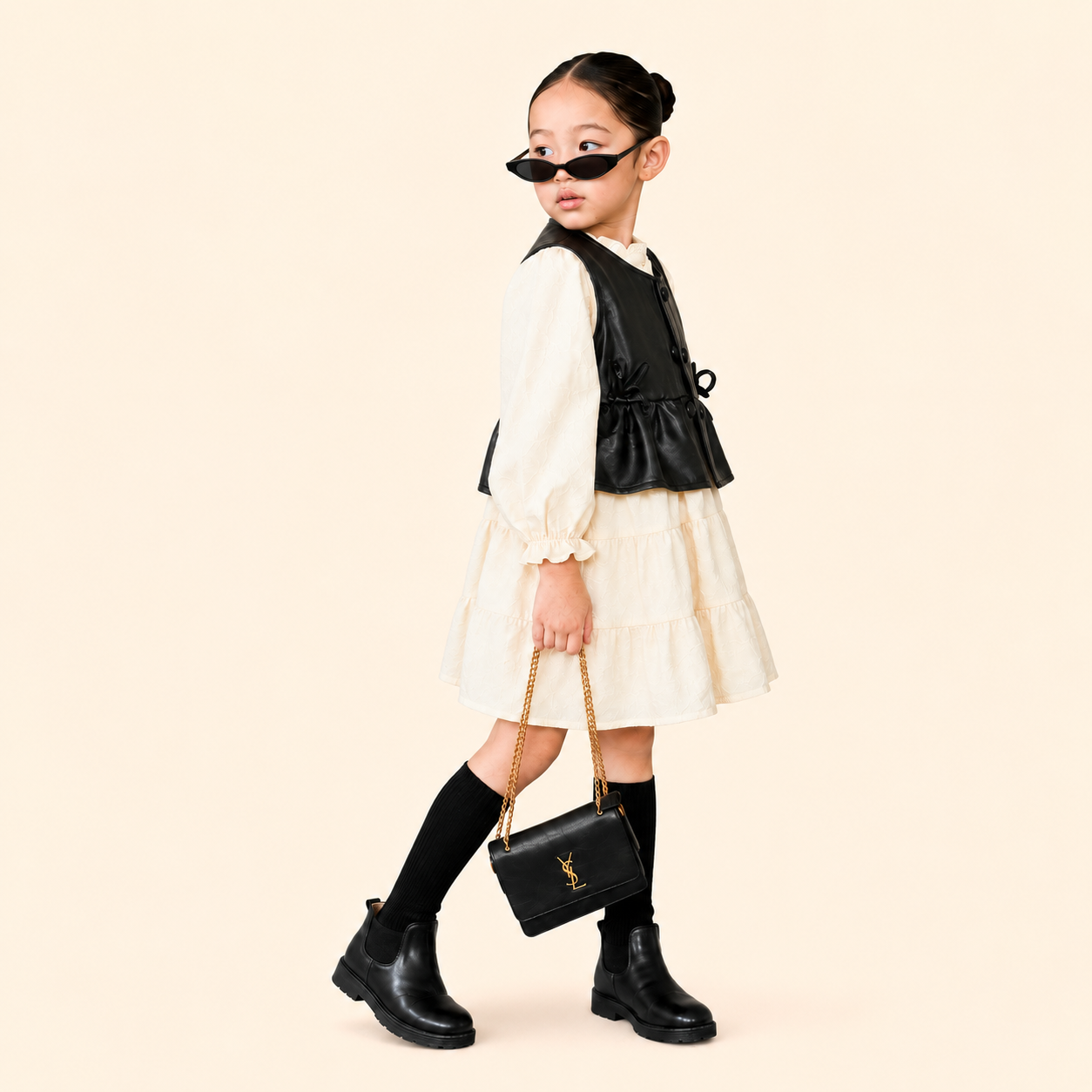 Girls Ivory Tiered Winter Dress with Faux Leather Vest