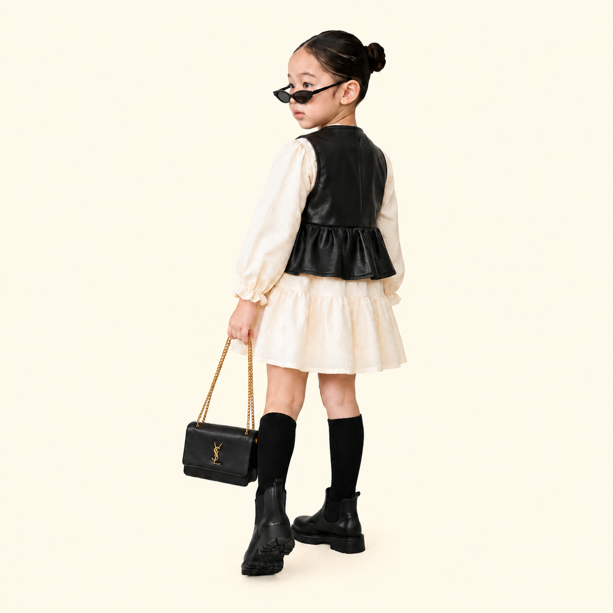 Girls Ivory Tiered Winter Dress with Faux Leather Vest