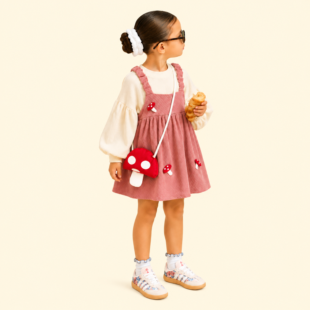 Girls Mushroom Corduroy Pinafore Dress with Puff Sleeve Top & Mushroom Sling Bag