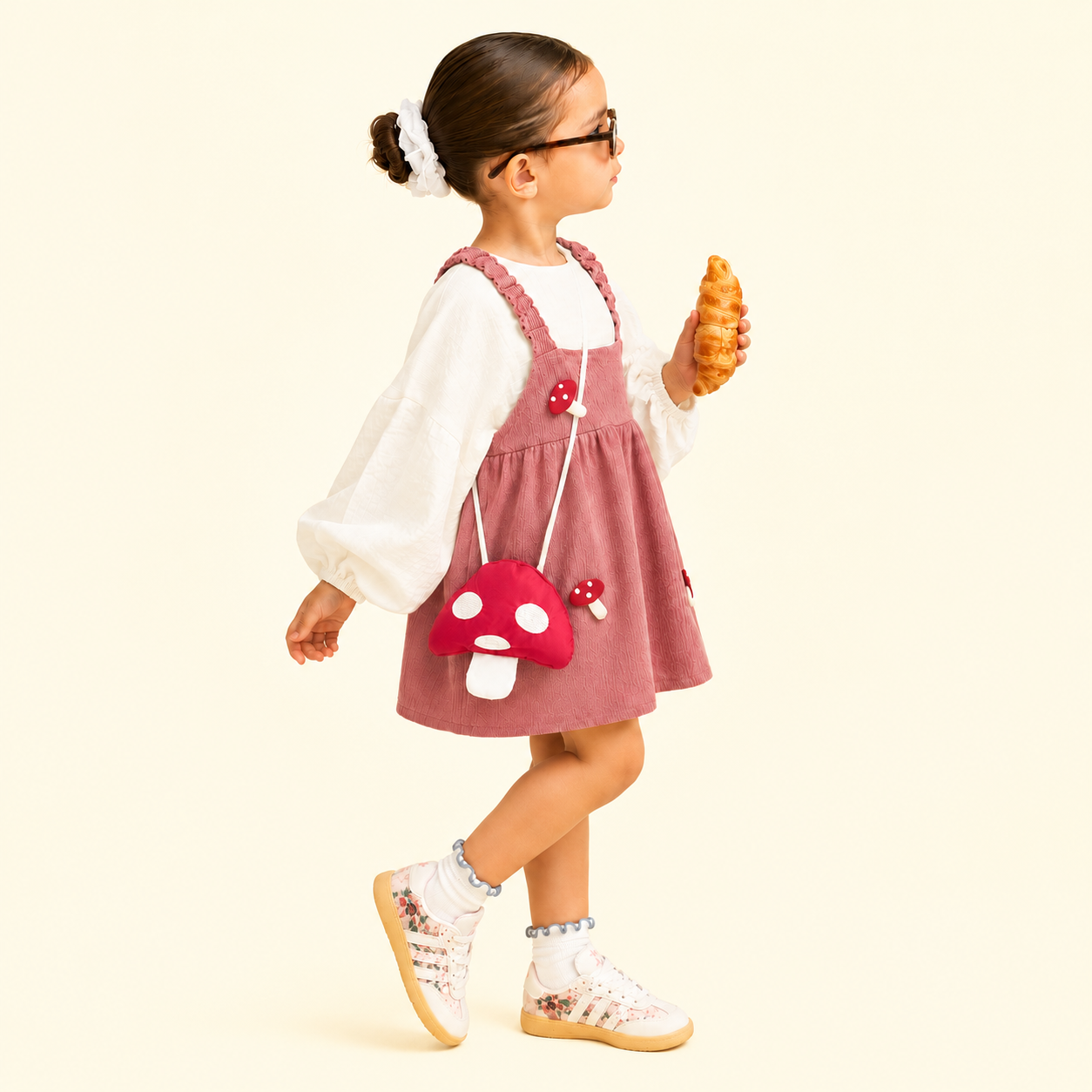 Girls Mushroom Corduroy Pinafore Dress with Puff Sleeve Top & Mushroom Sling Bag