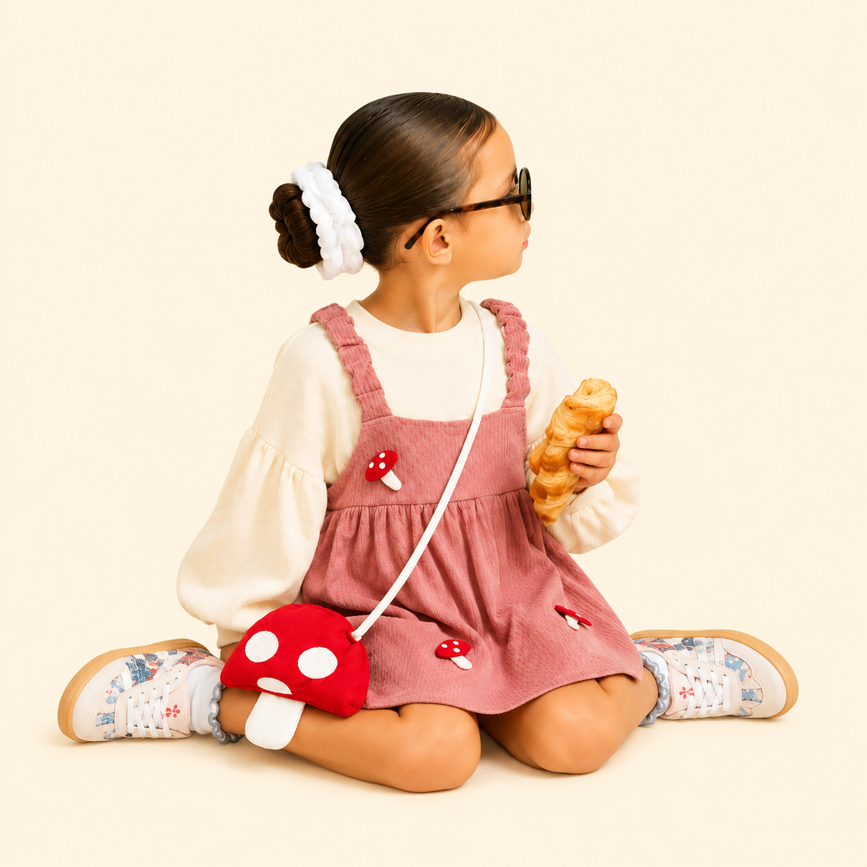Girls Mushroom Corduroy Pinafore Dress with Puff Sleeve Top & Mushroom Sling Bag