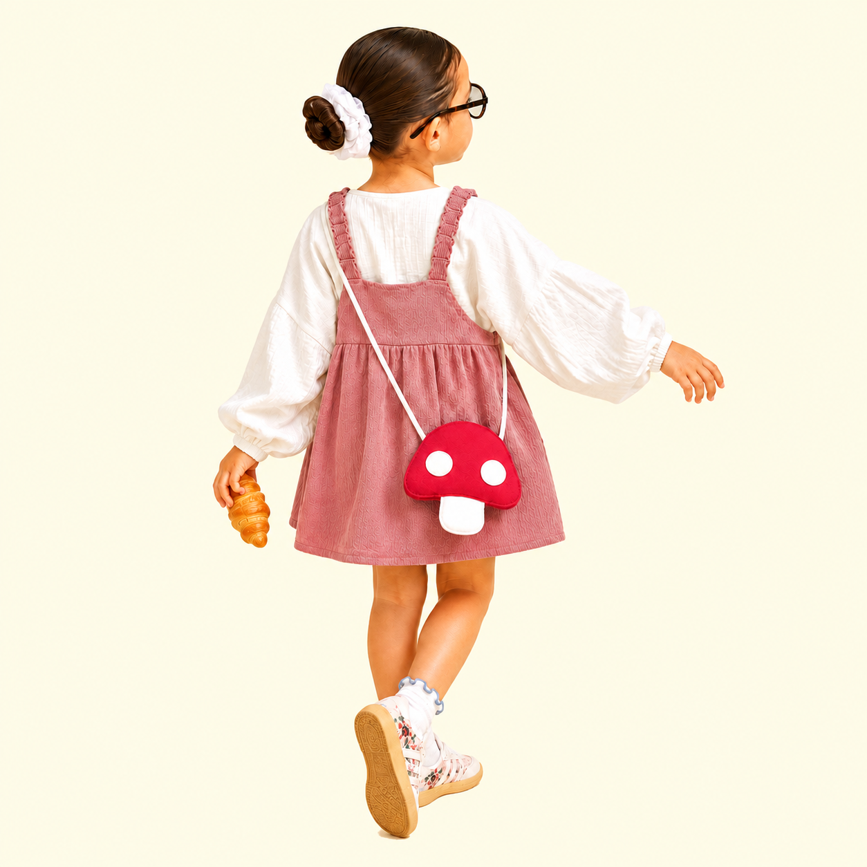 Girls Mushroom Corduroy Pinafore Dress with Puff Sleeve Top & Mushroom Sling Bag