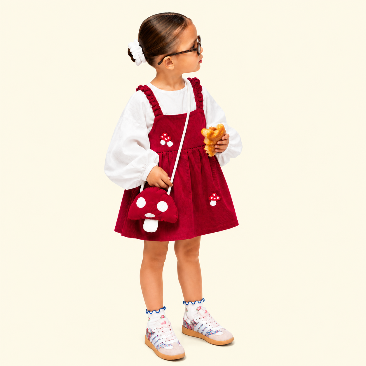 Girls Mushroom Corduroy Pinafore Dress with Puff Sleeve Top & Mushroom Sling Bag
