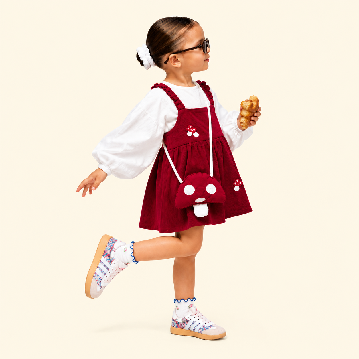 Girls Mushroom Corduroy Pinafore Dress with Puff Sleeve Top & Mushroom Sling Bag