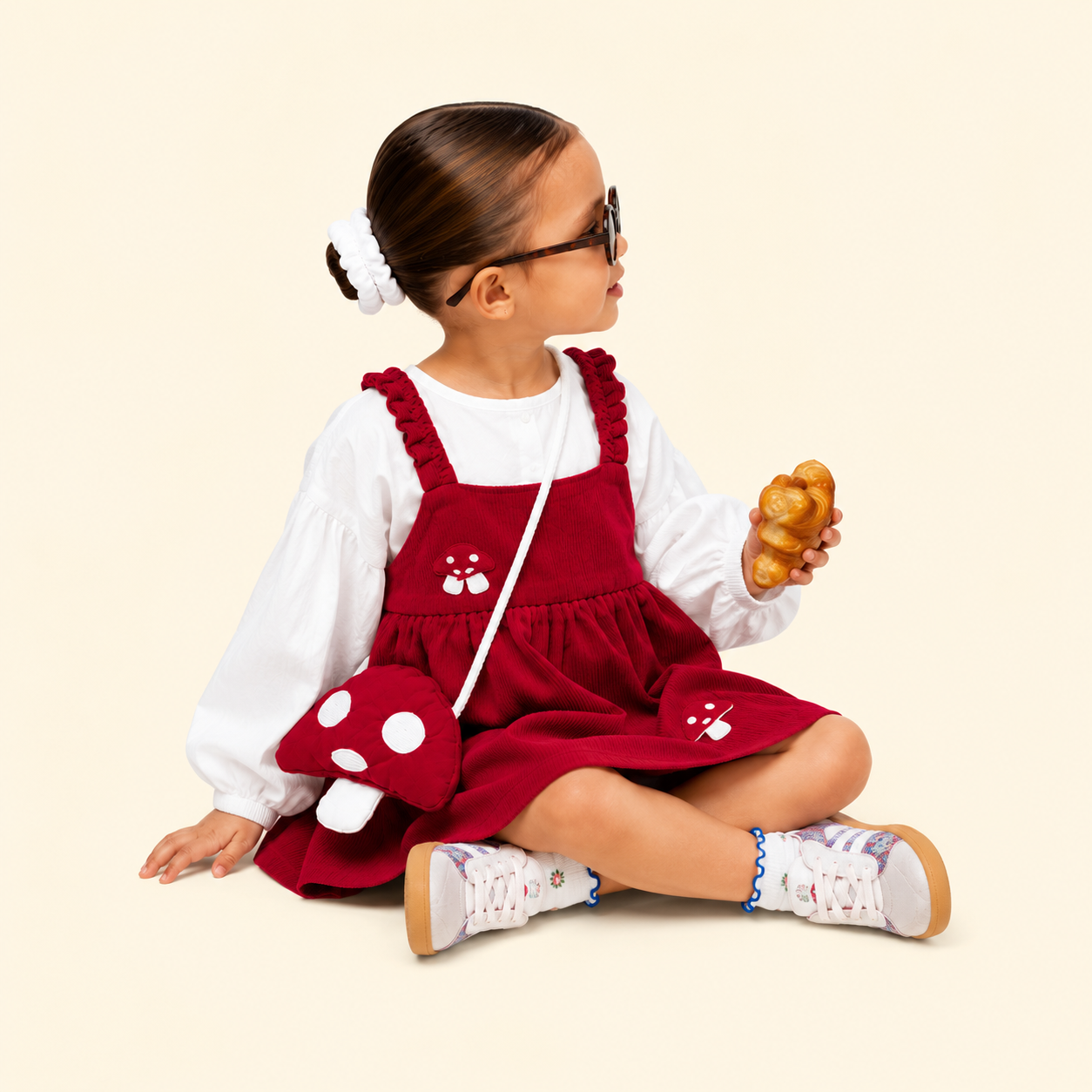 Girls Mushroom Corduroy Pinafore Dress with Puff Sleeve Top & Mushroom Sling Bag