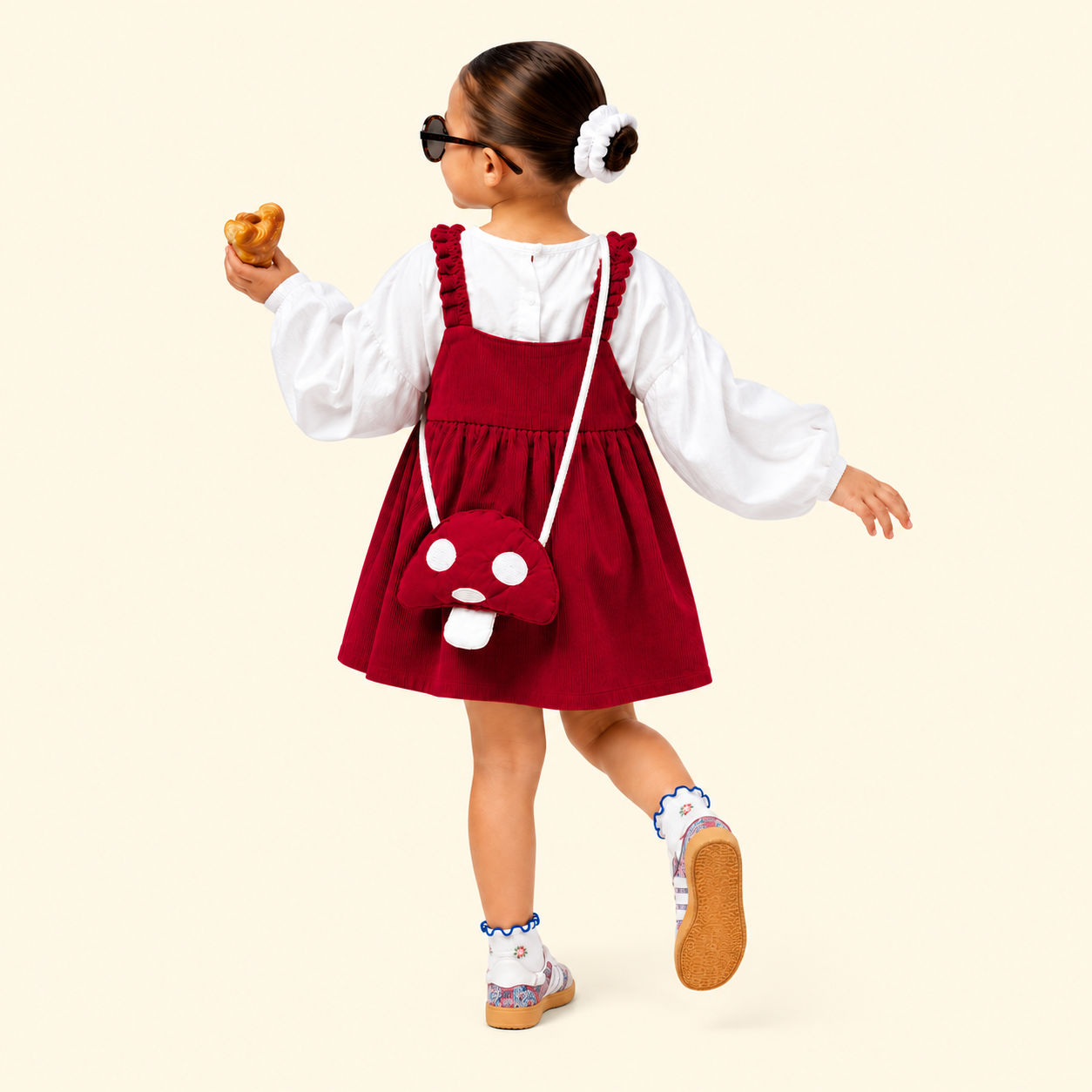 Girls Mushroom Corduroy Pinafore Dress with Puff Sleeve Top & Mushroom Sling Bag